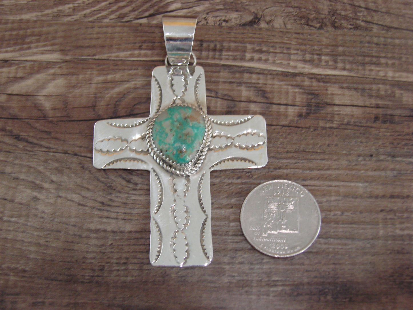 Large Navajo Sterling Silver & Turquoise Cross Pendant Signed Cleveland