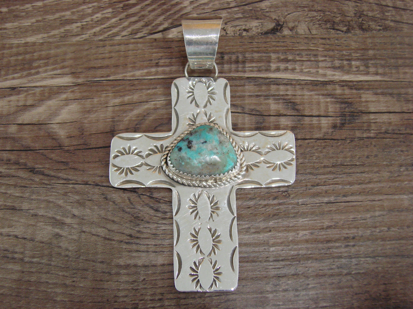 Large Navajo Sterling Silver & Turquoise Cross Pendant Signed Cleveland