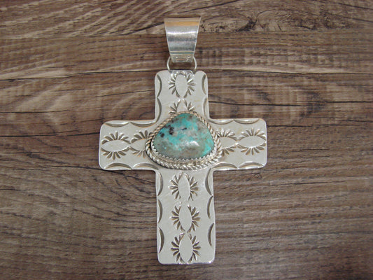 Large Navajo Sterling Silver & Turquoise Cross Pendant Signed Cleveland