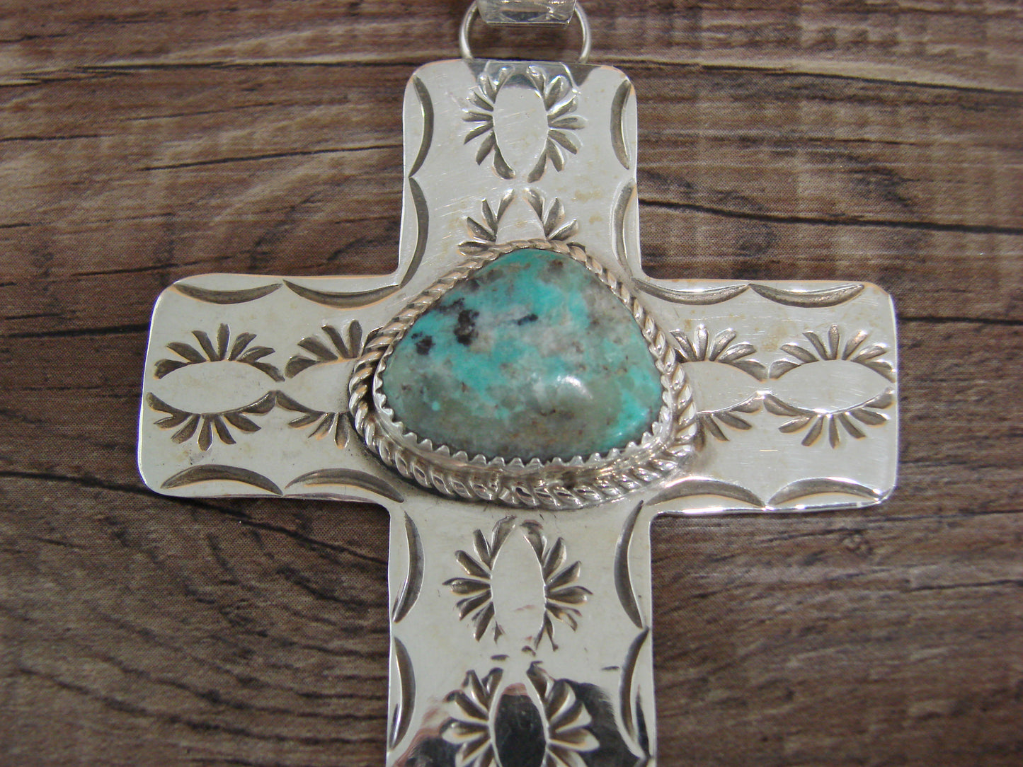 Large Navajo Sterling Silver & Turquoise Cross Pendant Signed Cleveland