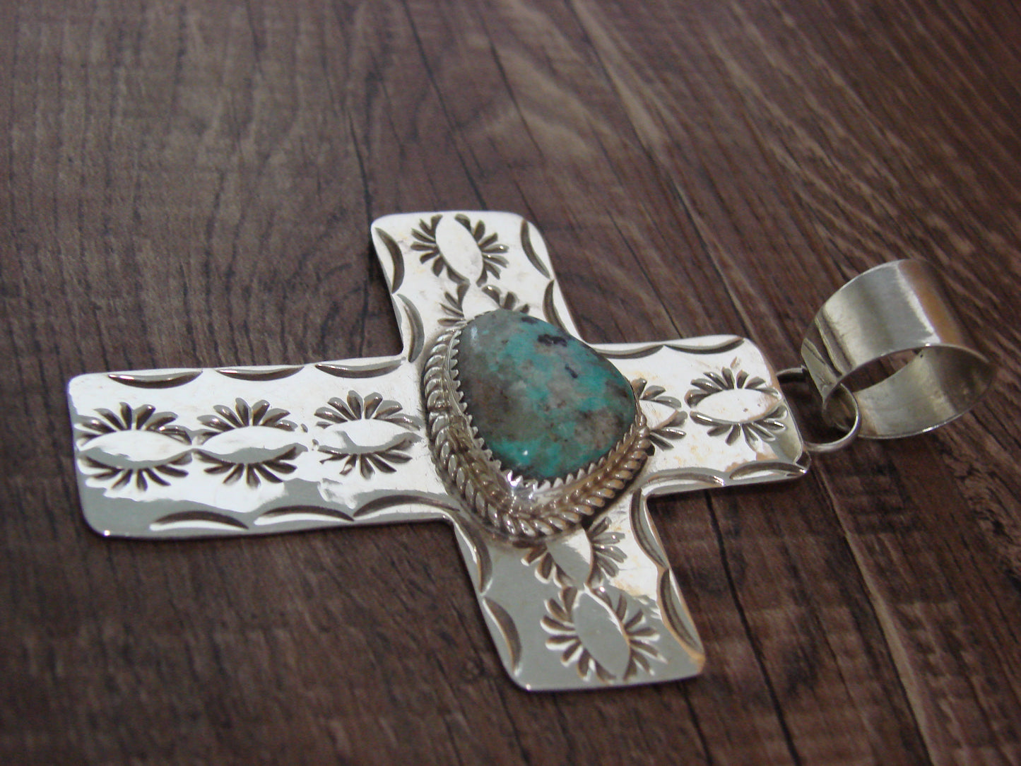 Large Navajo Sterling Silver & Turquoise Cross Pendant Signed Cleveland