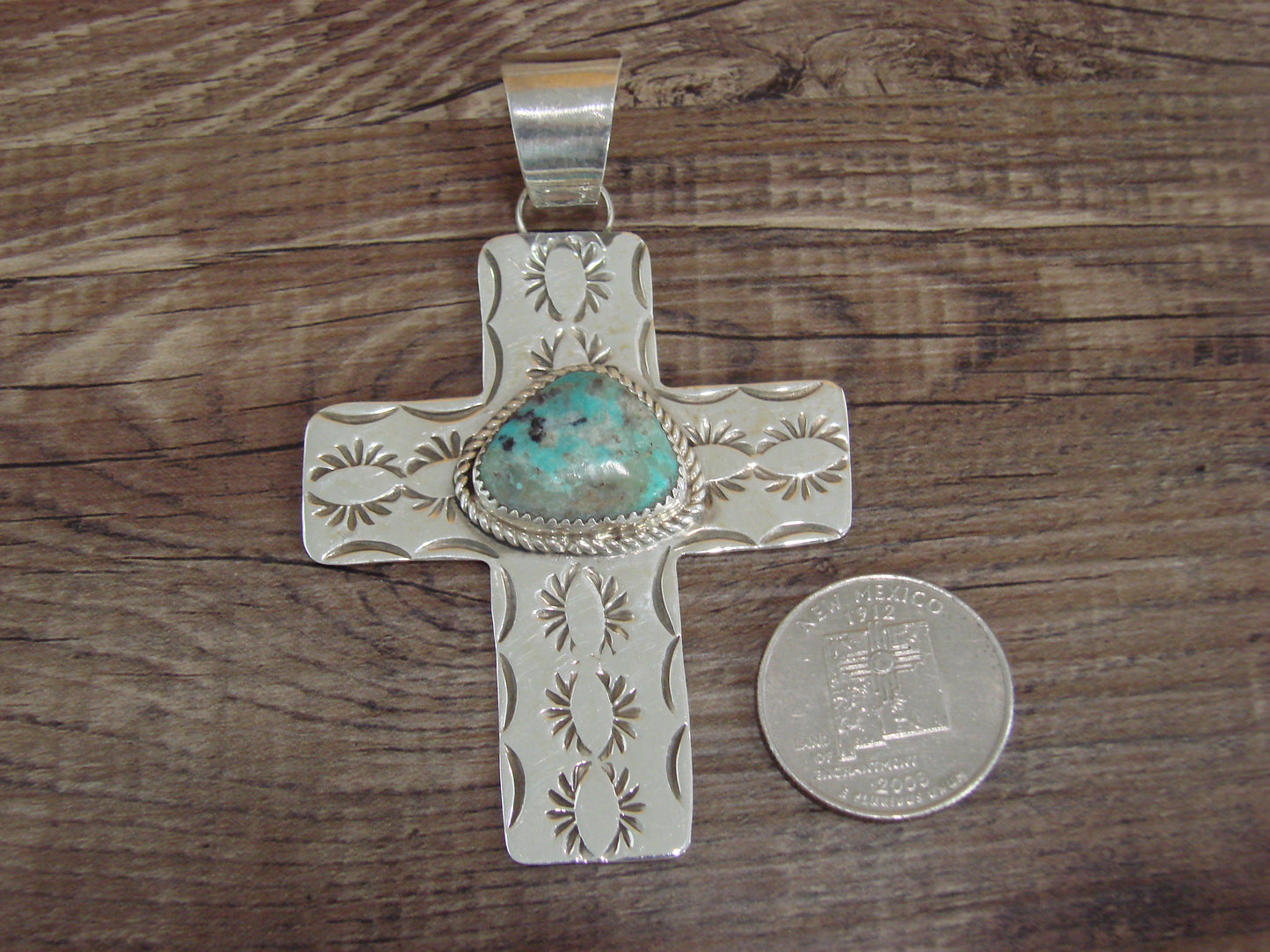 Large Navajo Sterling Silver & Turquoise Cross Pendant Signed Cleveland