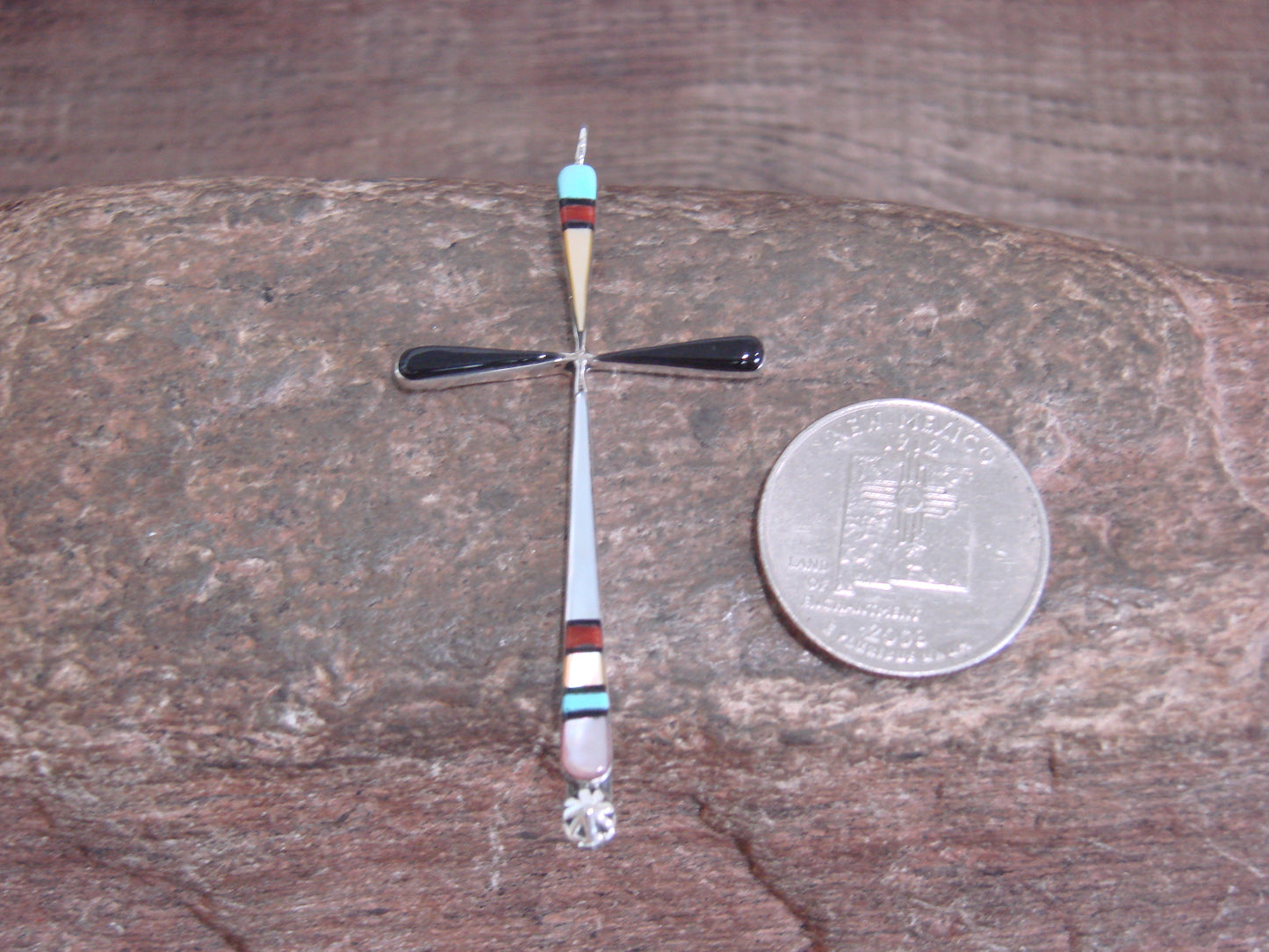 Native American Sterling Silver Multi Stone Inlay Cross Pendant by Noche