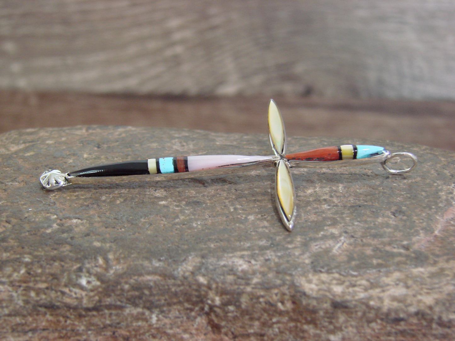 Native American Sterling Silver Multi Stone Inlay Cross Pendant by Noche