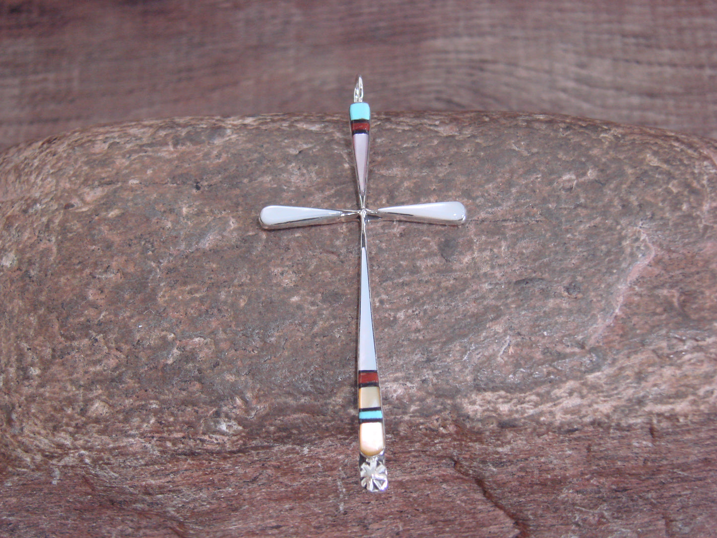 Native American Sterling Silver Multi Stone Inlay Cross Pendant by Noche
