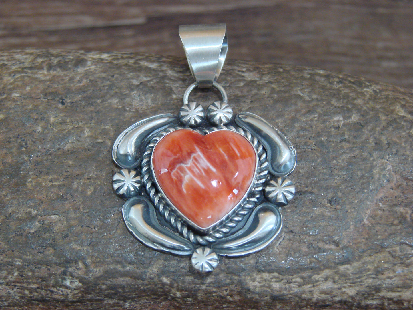Native American Sterling Silver & Orange Spiny Oyster Heart Pendant Signed James Jr.