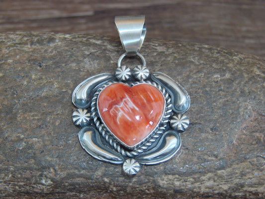 Native American Sterling Silver & Orange Spiny Oyster Heart Pendant Signed James Jr.