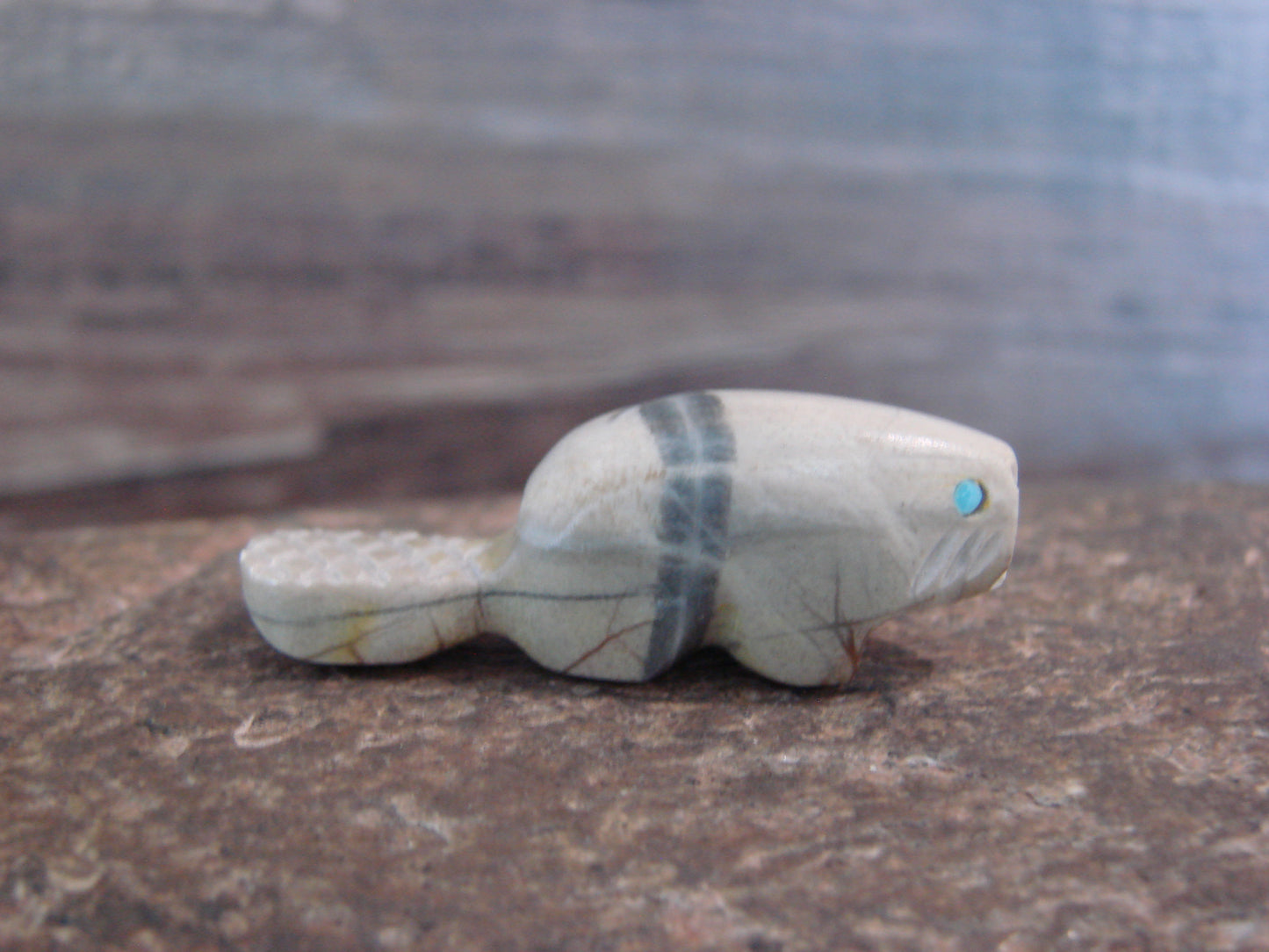 Native American Indian Hand Carved Picasso Marble Beaver Fetish - B. Phillips