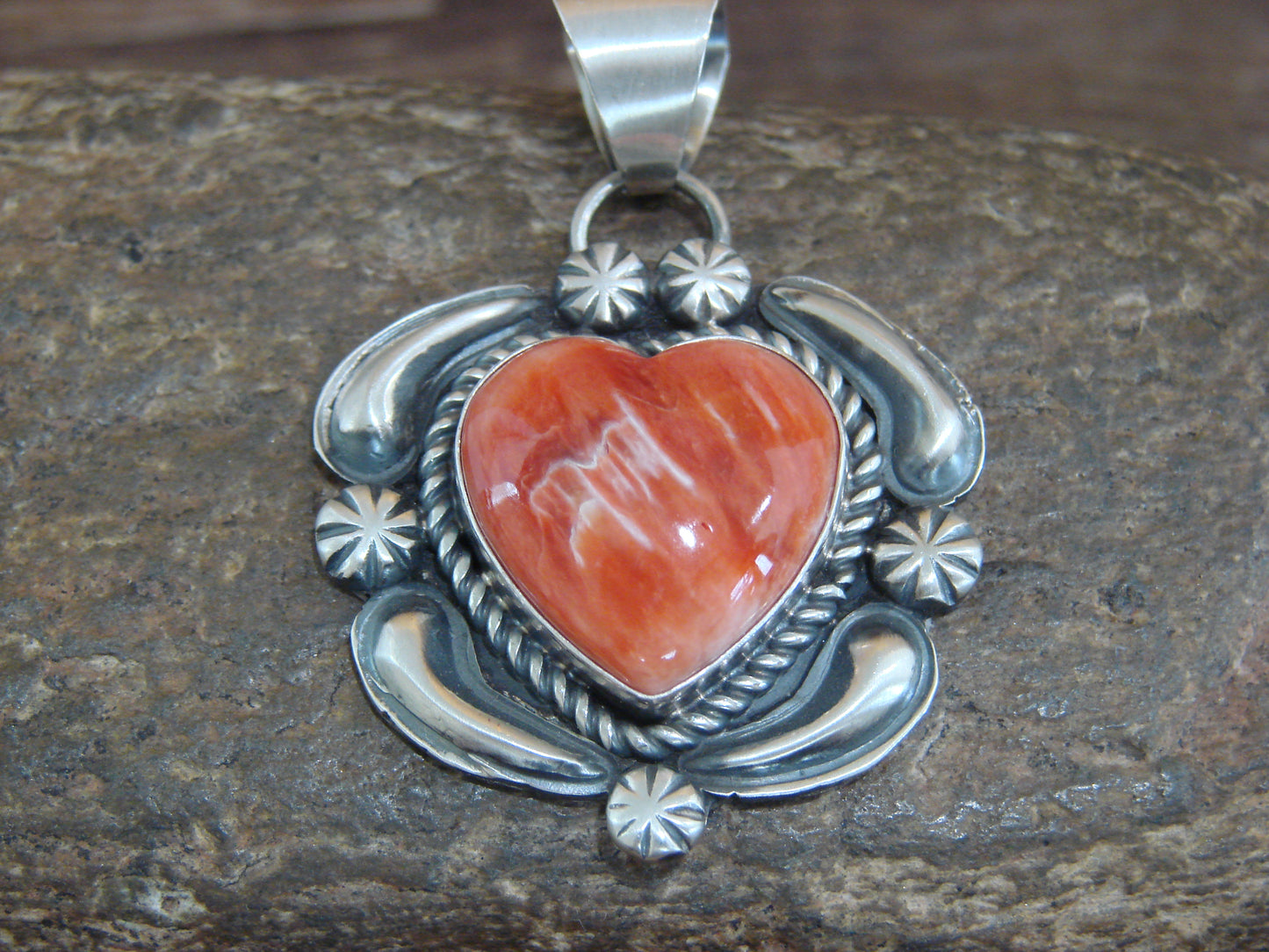 Native American Sterling Silver & Orange Spiny Oyster Heart Pendant Signed James Jr.