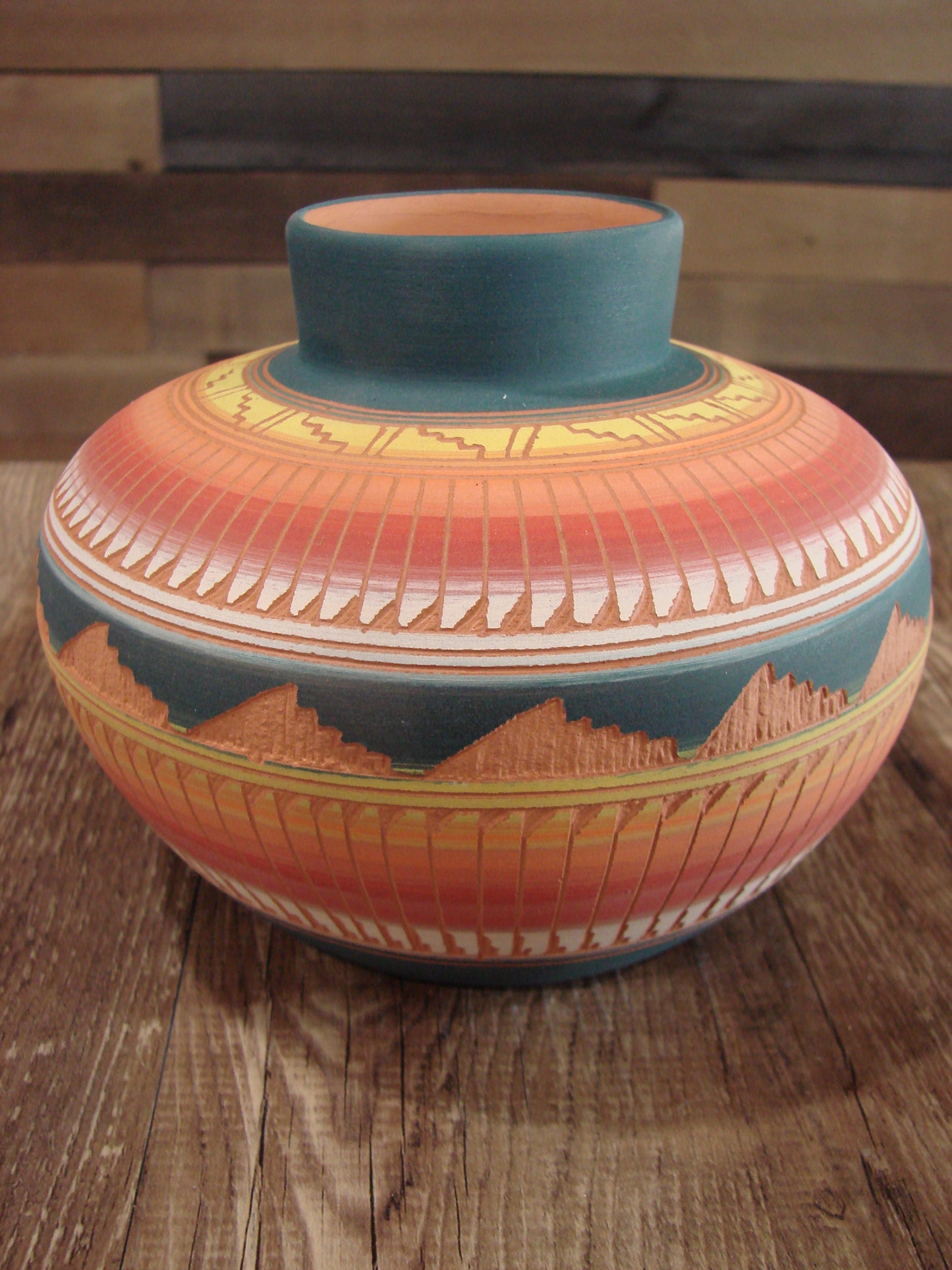 Native American Navajo Indian Hand Etched & Hand Painted Pottery - M. Charlie