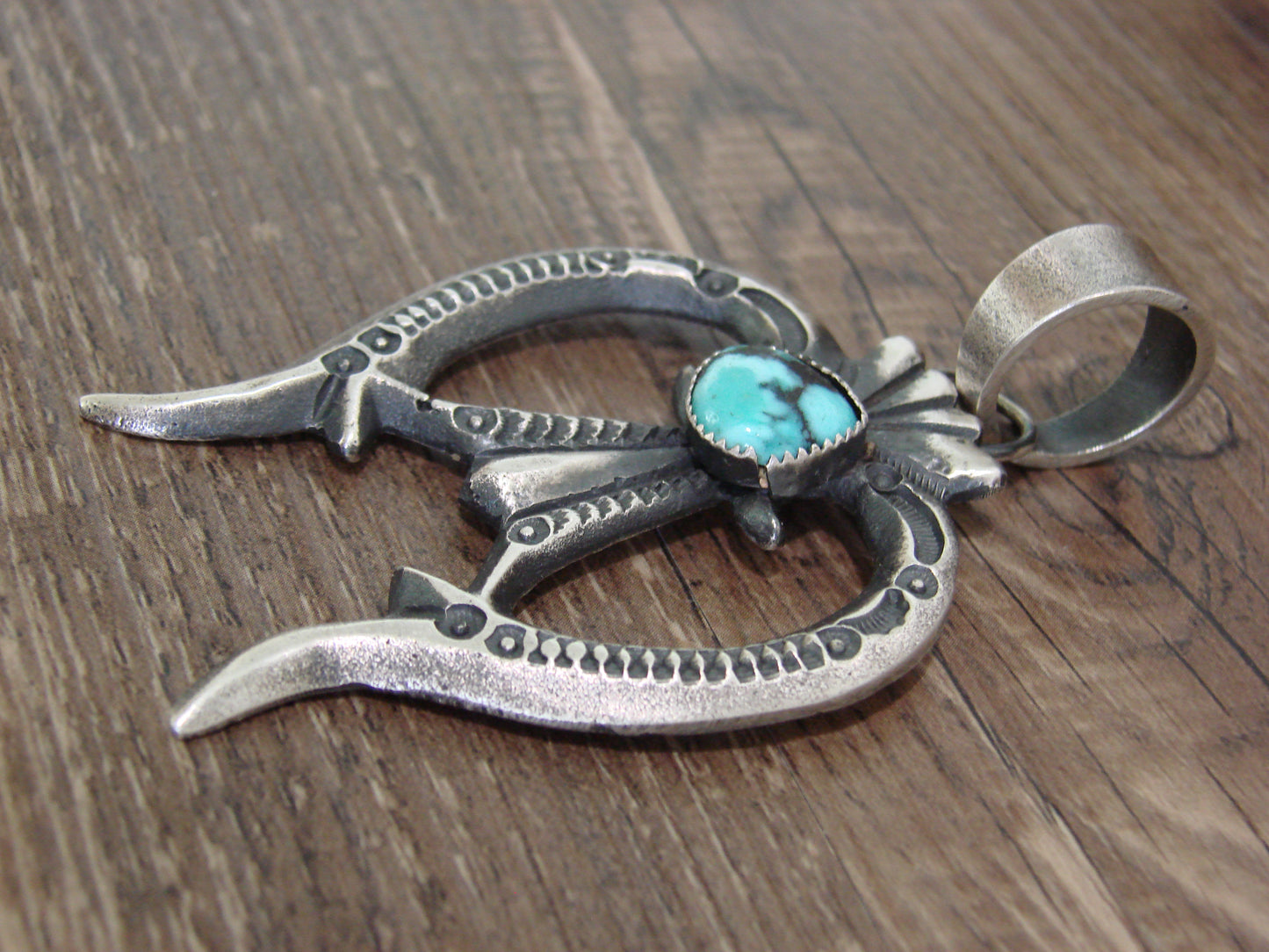 Native American Sterling Silver & Turquoise Cast Naja Pendant Signed Billah