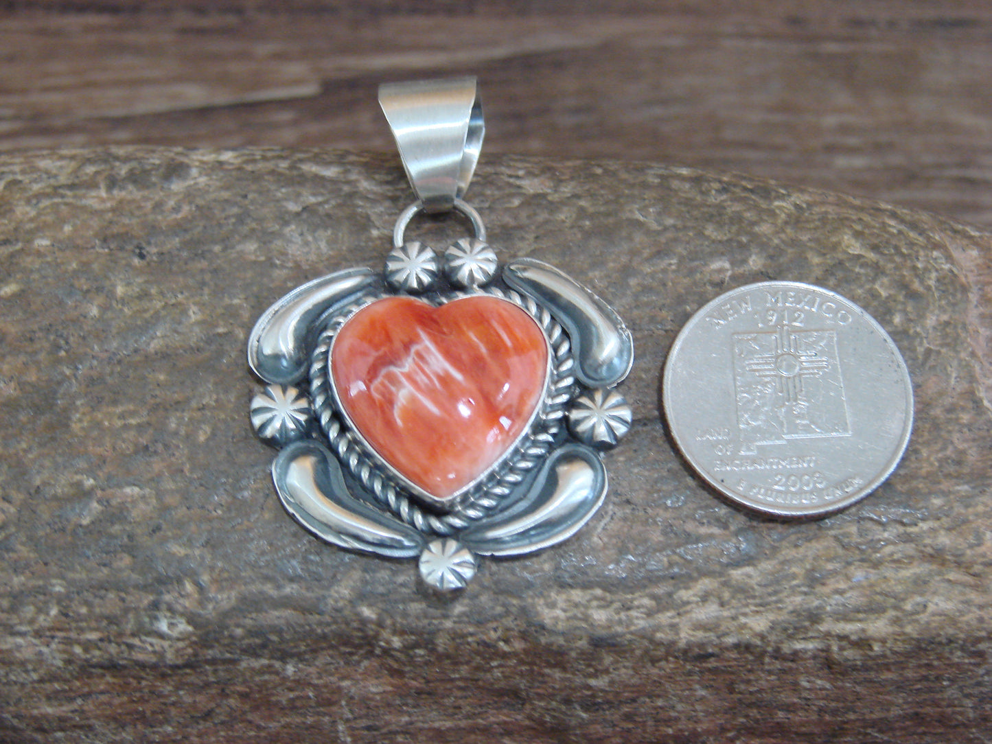 Native American Sterling Silver & Orange Spiny Oyster Heart Pendant Signed James Jr.