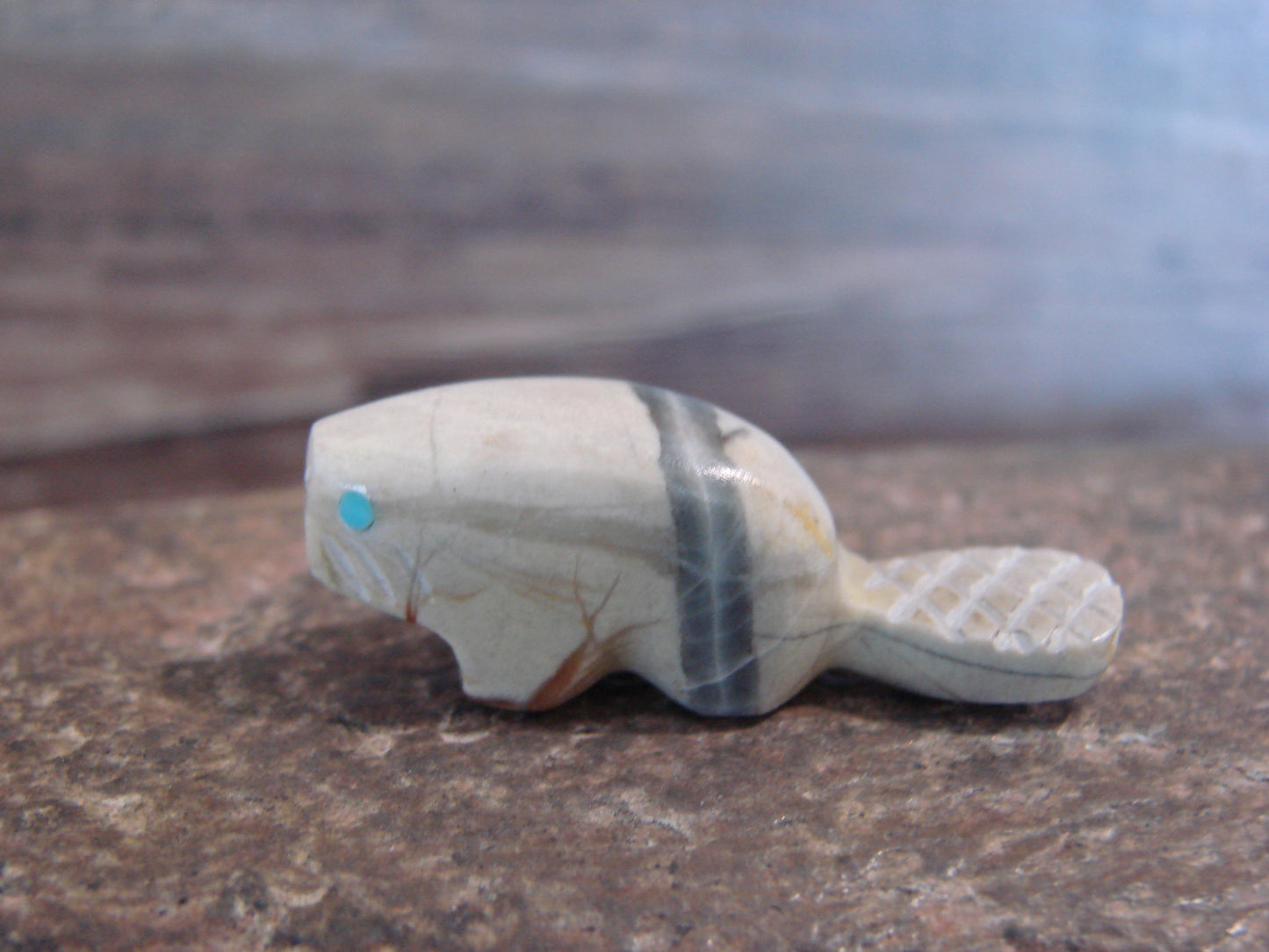 Native American Indian Hand Carved Picasso Marble Beaver Fetish - B. Phillips
