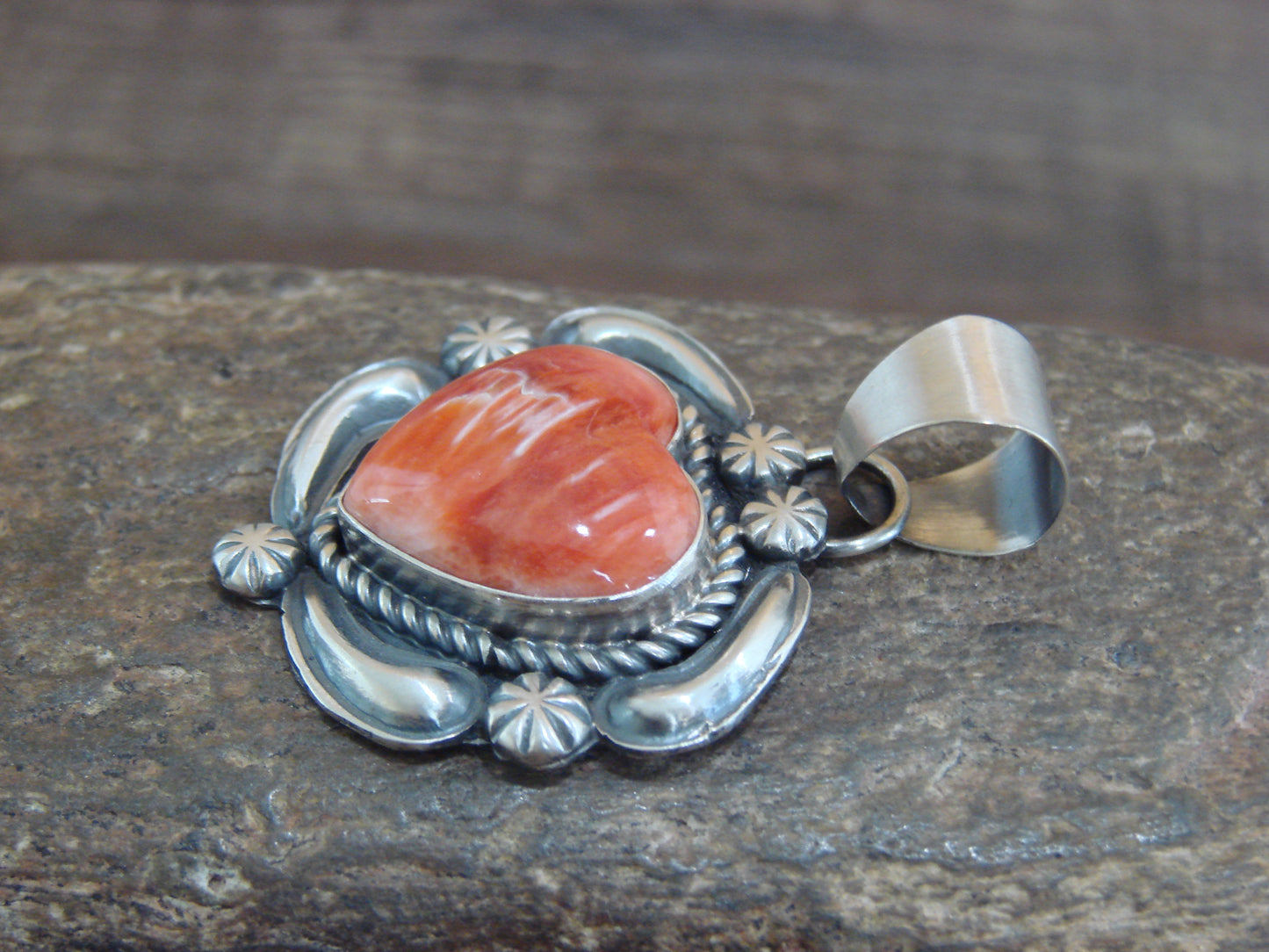 Native American Sterling Silver & Orange Spiny Oyster Heart Pendant Signed James Jr.