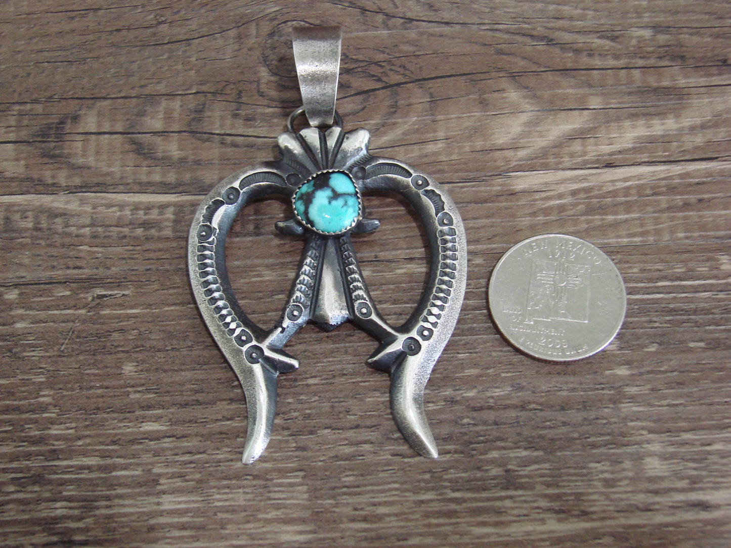 Native American Sterling Silver & Turquoise Cast Naja Pendant Signed Billah