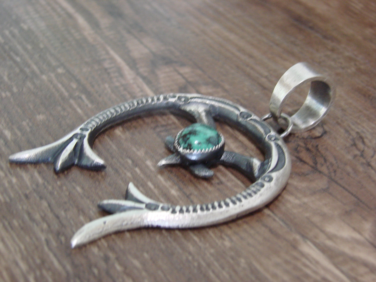 Native American Sterling Silver & Turquoise Cast Naja Pendant Signed Billah