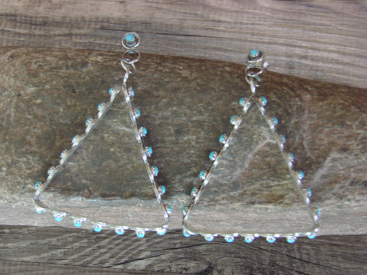 Zuni Large Sterling Silver & Turquoise Triangular Post Earrings - Cheama