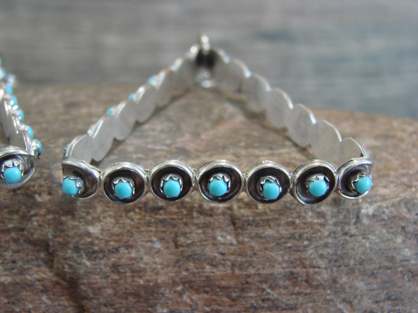 Zuni Large Sterling Silver & Turquoise Triangular Post Earrings - Cheama