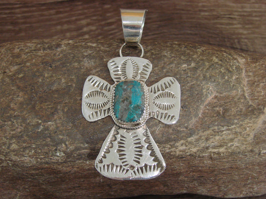Navajo Indian Sterling Silver & Turquoise Cross Pendant Signed Cleveland