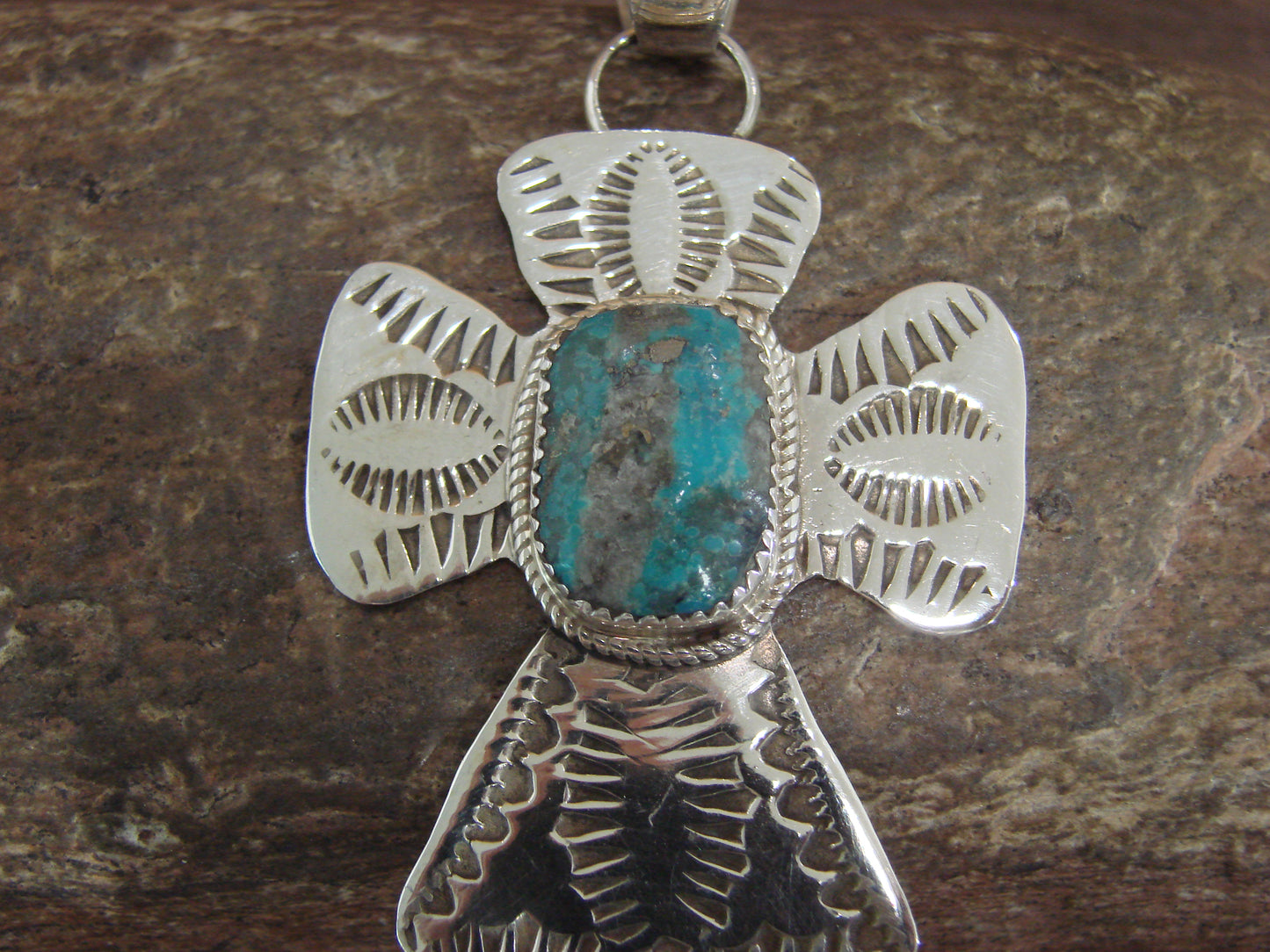 Navajo Indian Sterling Silver & Turquoise Cross Pendant Signed Cleveland