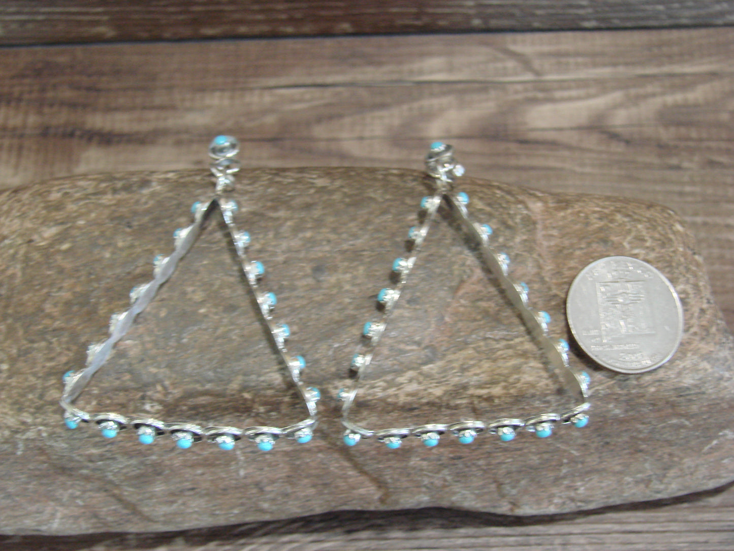 Zuni Large Sterling Silver & Turquoise Triangular Post Earrings - Cheama
