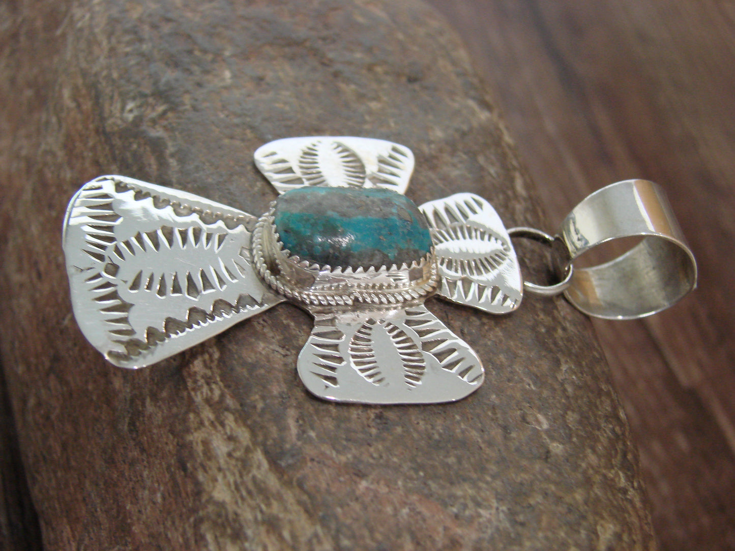 Navajo Indian Sterling Silver & Turquoise Cross Pendant Signed Cleveland