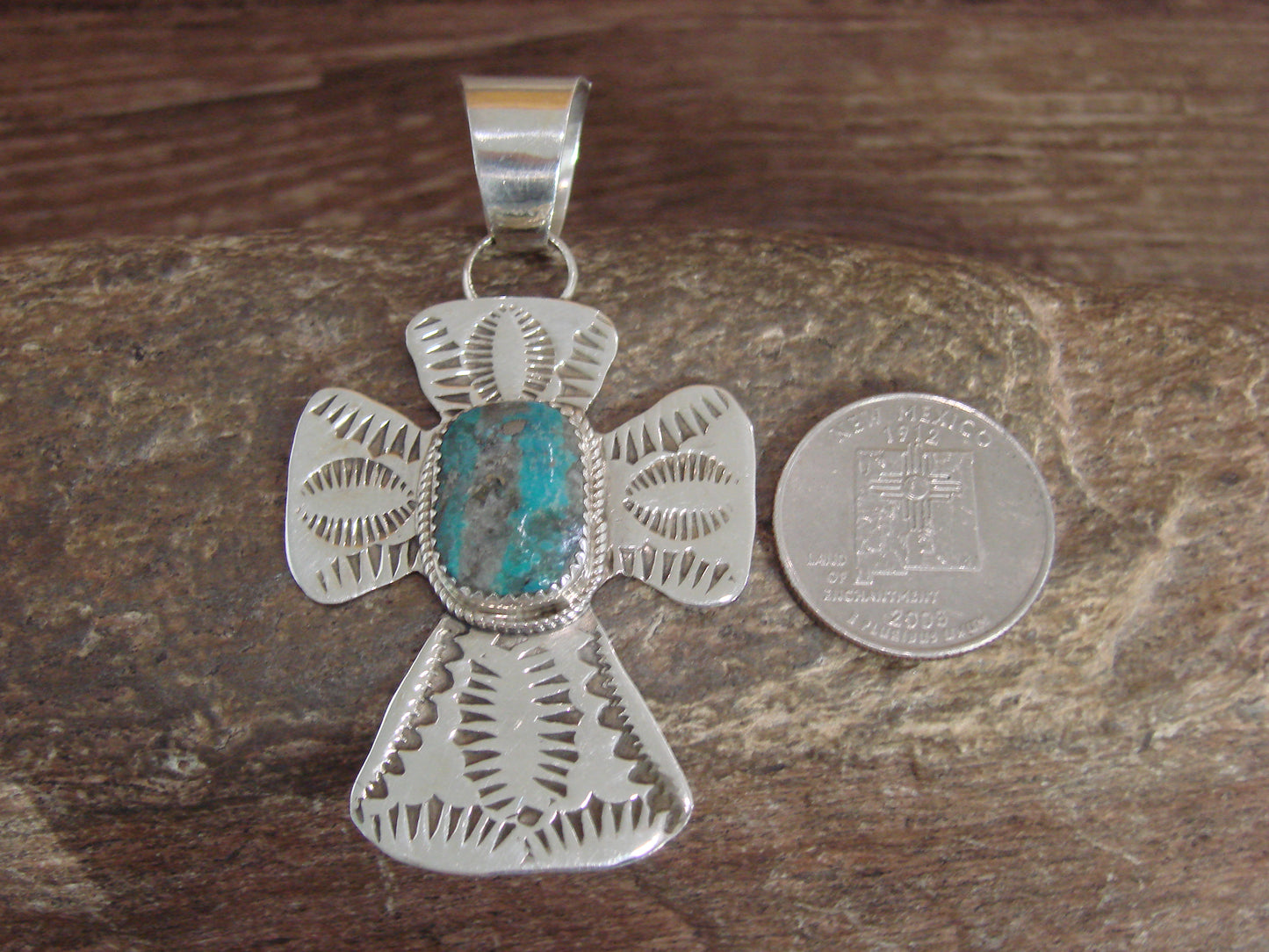 Navajo Indian Sterling Silver & Turquoise Cross Pendant Signed Cleveland
