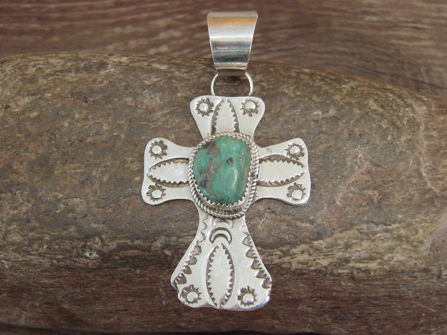 Navajo Indian Sterling Silver & Turquoise Cross Pendant Signed Cleveland