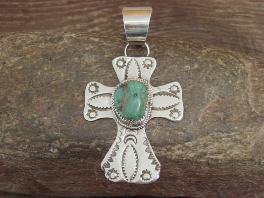 Navajo Indian Sterling Silver & Turquoise Cross Pendant Signed Cleveland