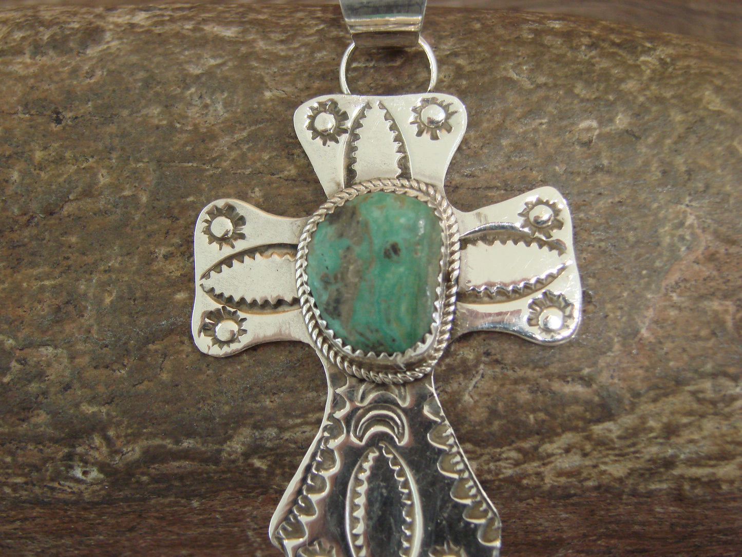 Navajo Indian Sterling Silver & Turquoise Cross Pendant Signed Cleveland