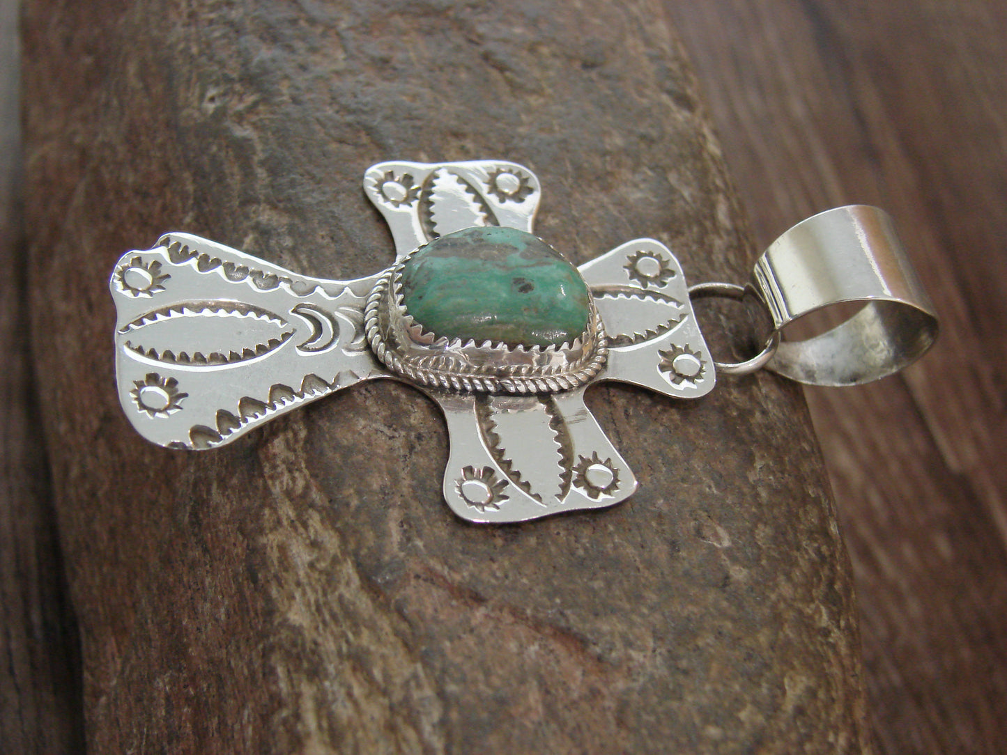 Navajo Indian Sterling Silver & Turquoise Cross Pendant Signed Cleveland