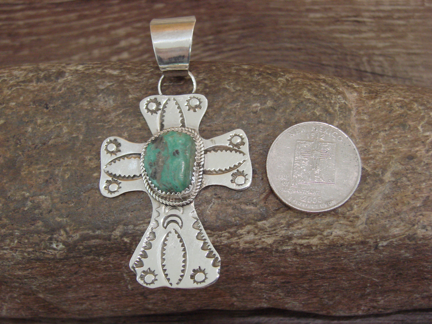 Navajo Indian Sterling Silver & Turquoise Cross Pendant Signed Cleveland