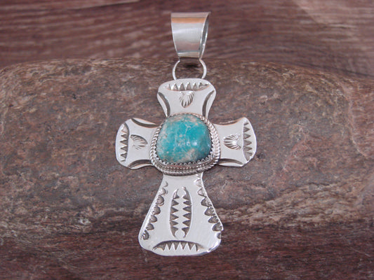 Navajo Indian Sterling Silver & Turquoise Cross Pendant Signed Cleveland