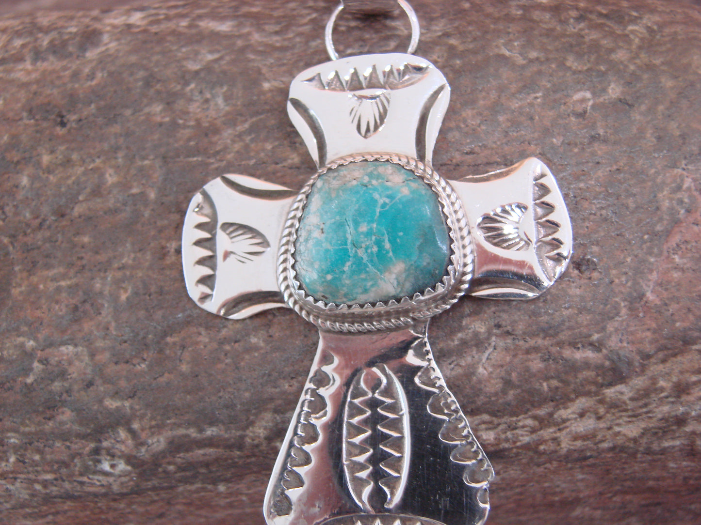 Navajo Indian Sterling Silver & Turquoise Cross Pendant Signed Cleveland