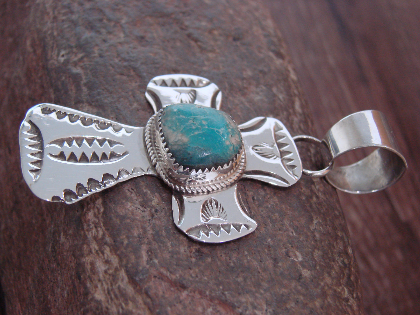 Navajo Indian Sterling Silver & Turquoise Cross Pendant Signed Cleveland