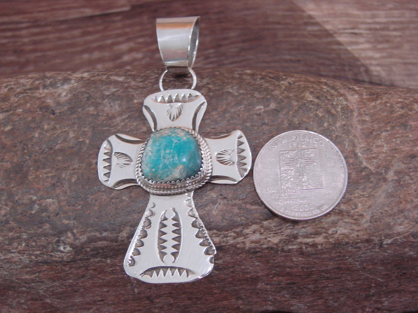 Navajo Indian Sterling Silver & Turquoise Cross Pendant Signed Cleveland