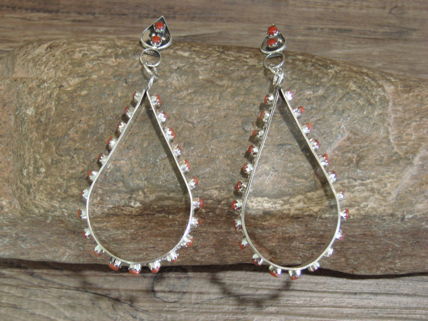 Large Zuni Sterling Silver & Coral Post Dangle Earrings - Cheama