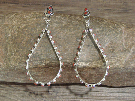 Large Zuni Sterling Silver & Coral Post Dangle Earrings - Cheama