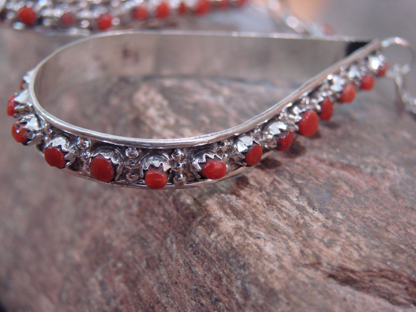 Large Zuni Sterling Silver & Coral Post Dangle Earrings - Cheama
