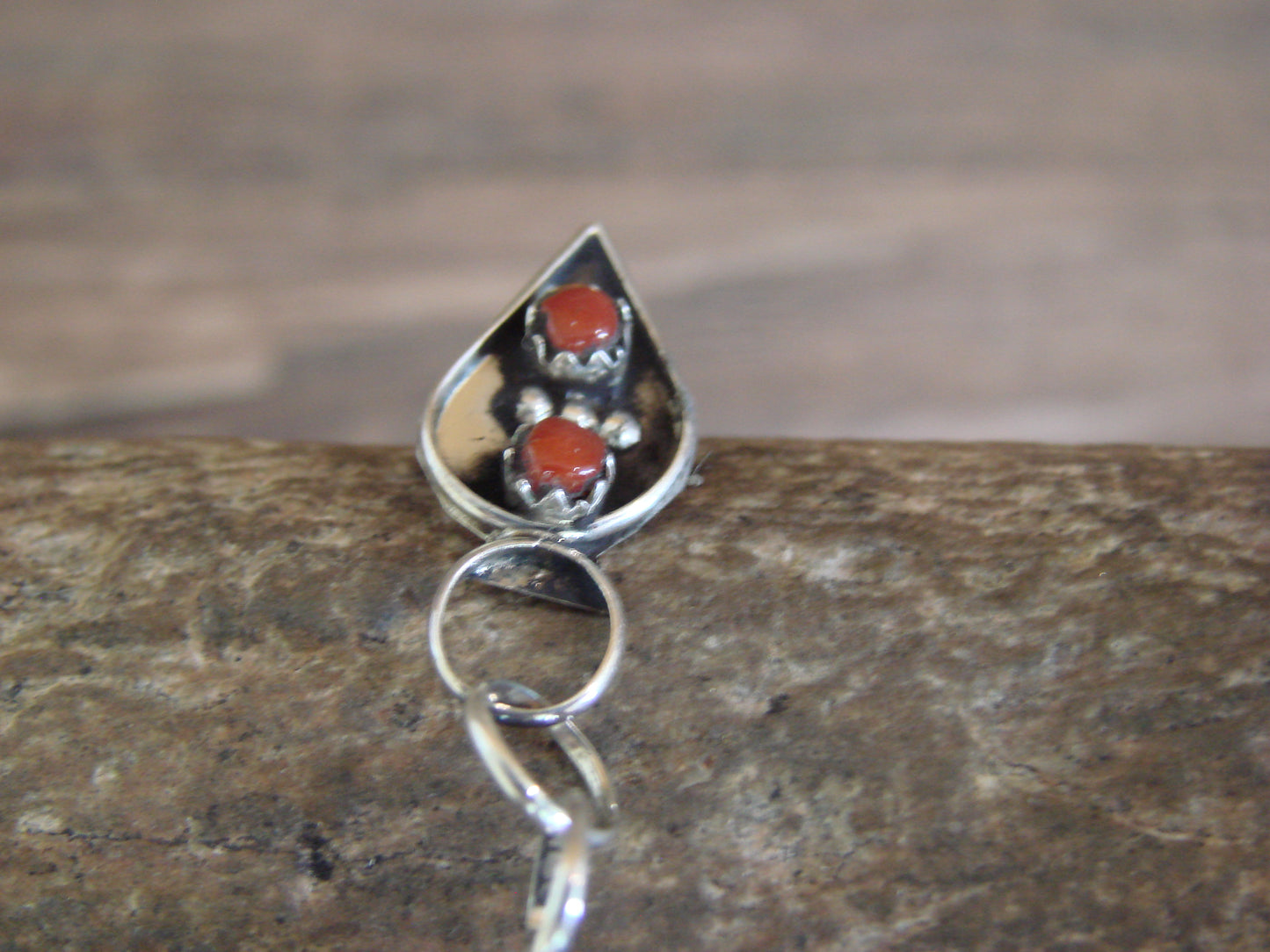 Large Zuni Sterling Silver & Coral Post Dangle Earrings - Cheama