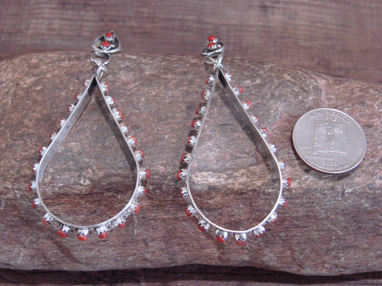 Large Zuni Sterling Silver & Coral Post Dangle Earrings - Cheama