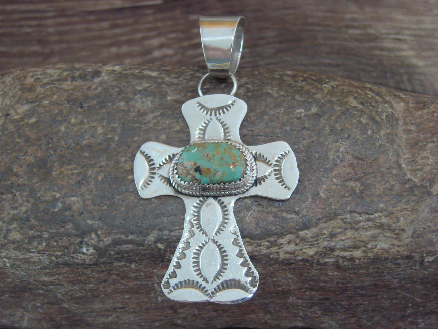 Navajo Indian Sterling Silver & Turquoise Cross Pendant Signed Cleveland