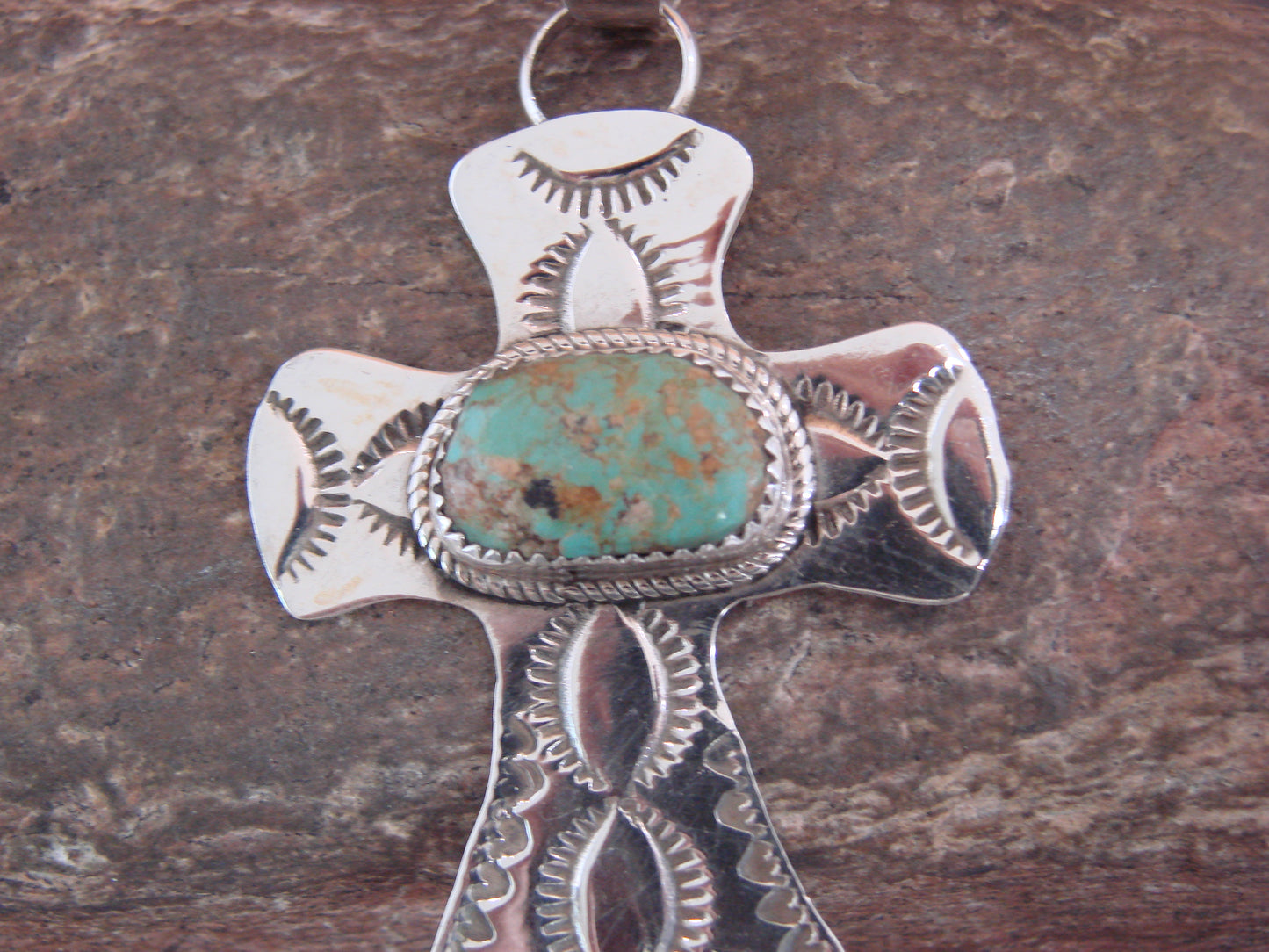 Navajo Indian Sterling Silver & Turquoise Cross Pendant Signed Cleveland