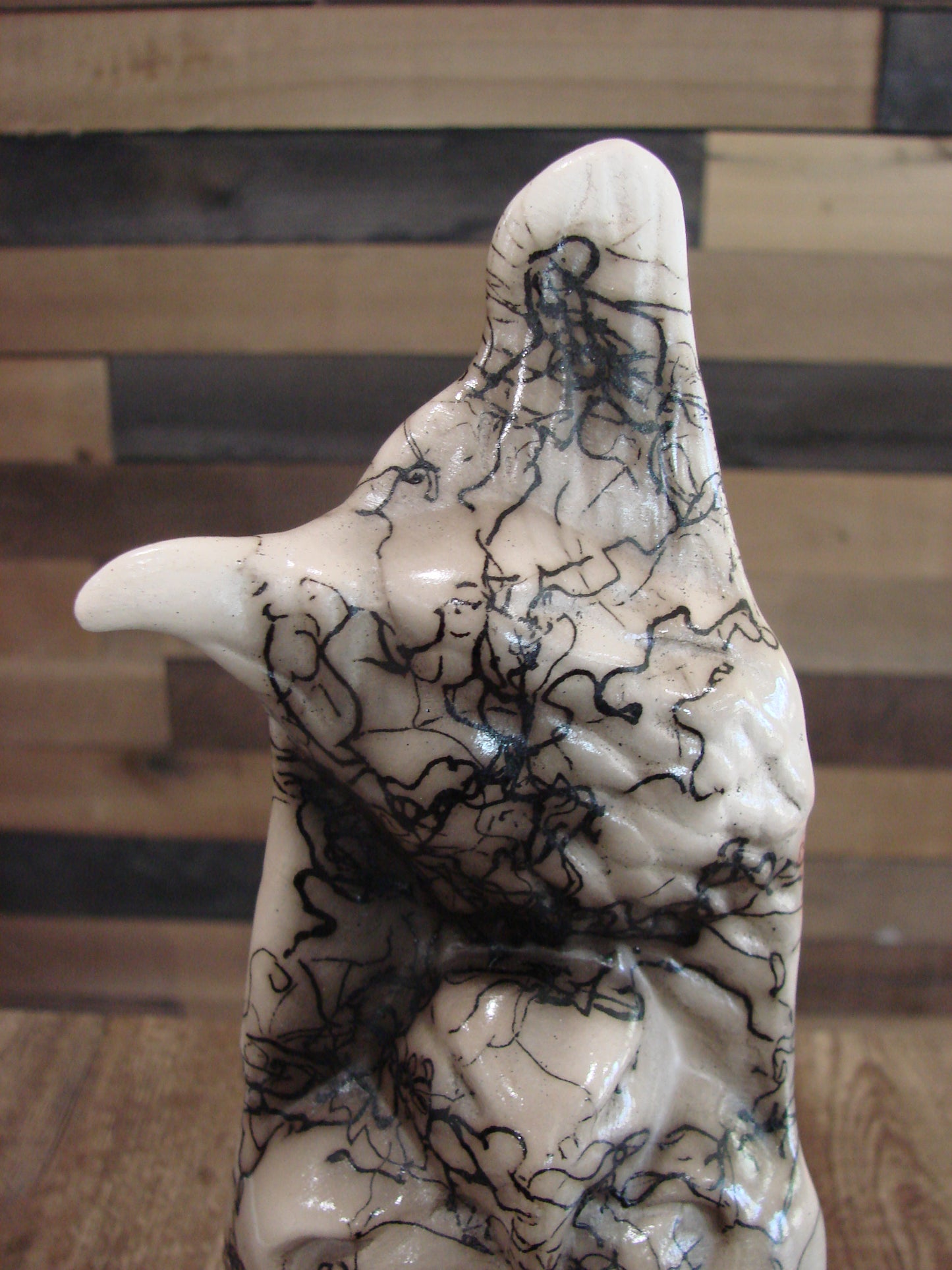 Native American & Eagle Horse Hair Pottery Sculpture by Vail