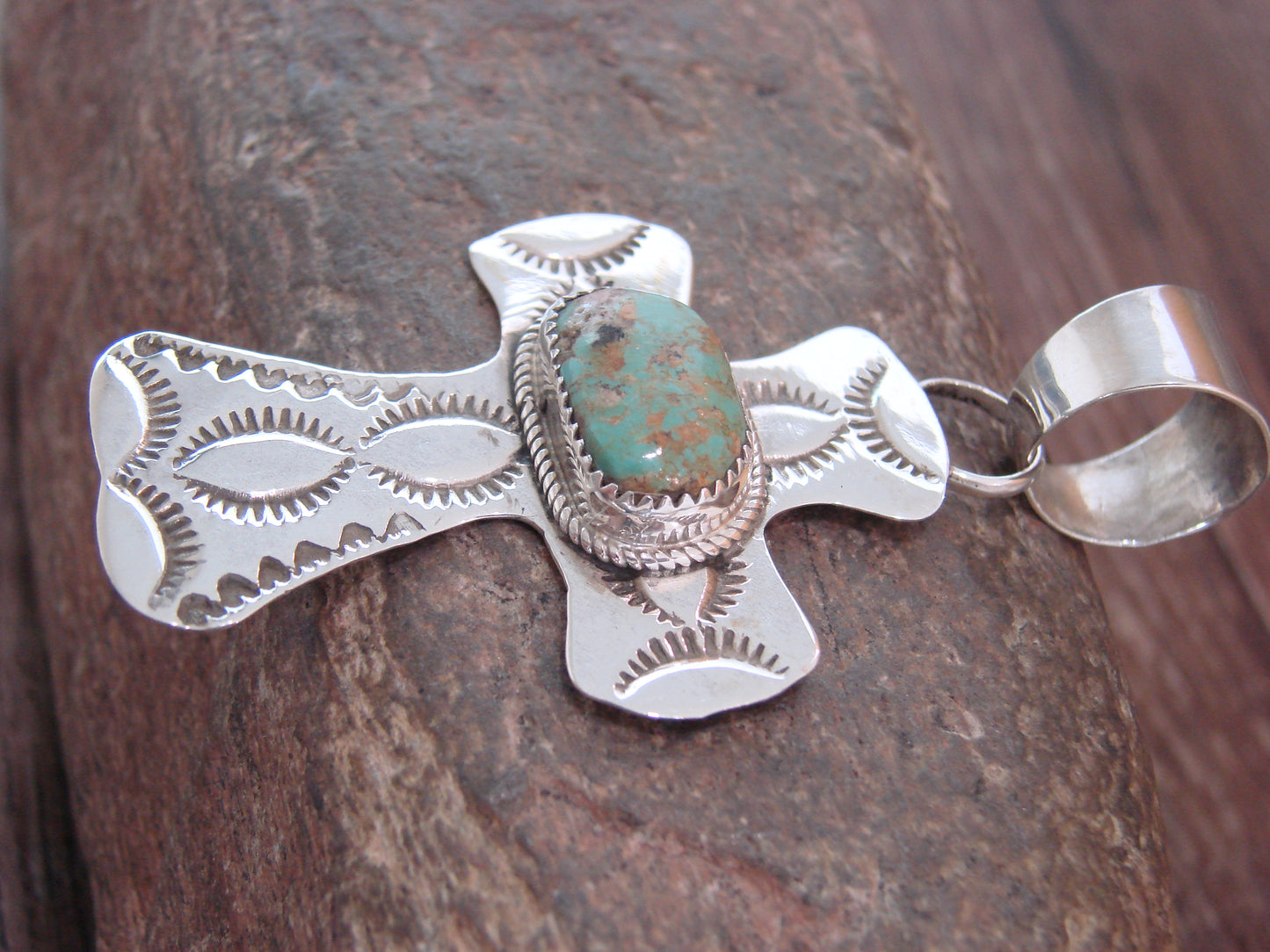 Navajo Indian Sterling Silver & Turquoise Cross Pendant Signed Cleveland