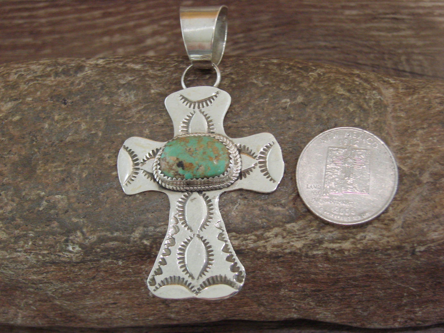 Navajo Indian Sterling Silver & Turquoise Cross Pendant Signed Cleveland