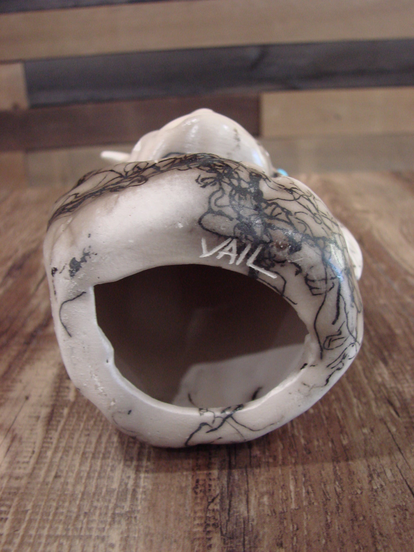 Native American & Eagle Horse Hair Pottery Sculpture by Vail