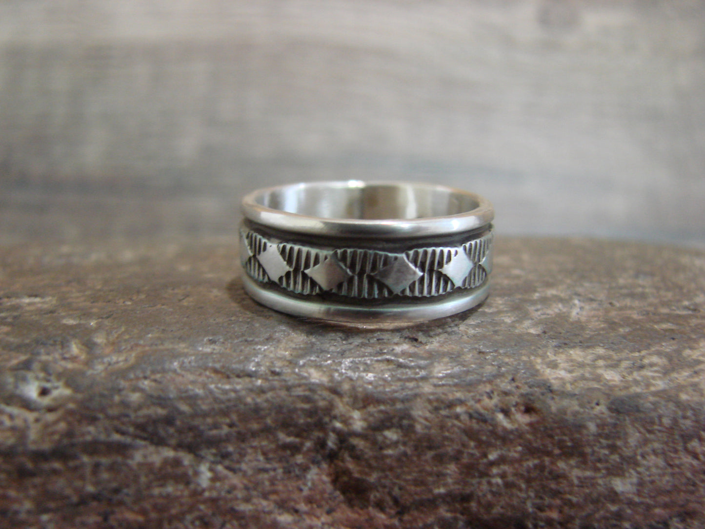 Navajo Hand Stamped Sterling Silver Ring Band - Bruce Morgan - Size 7.5