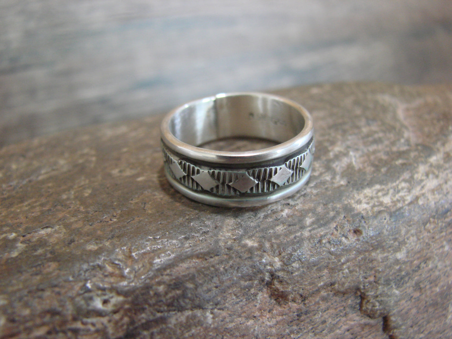 Navajo Hand Stamped Sterling Silver Ring Band - Bruce Morgan - Size 7.5