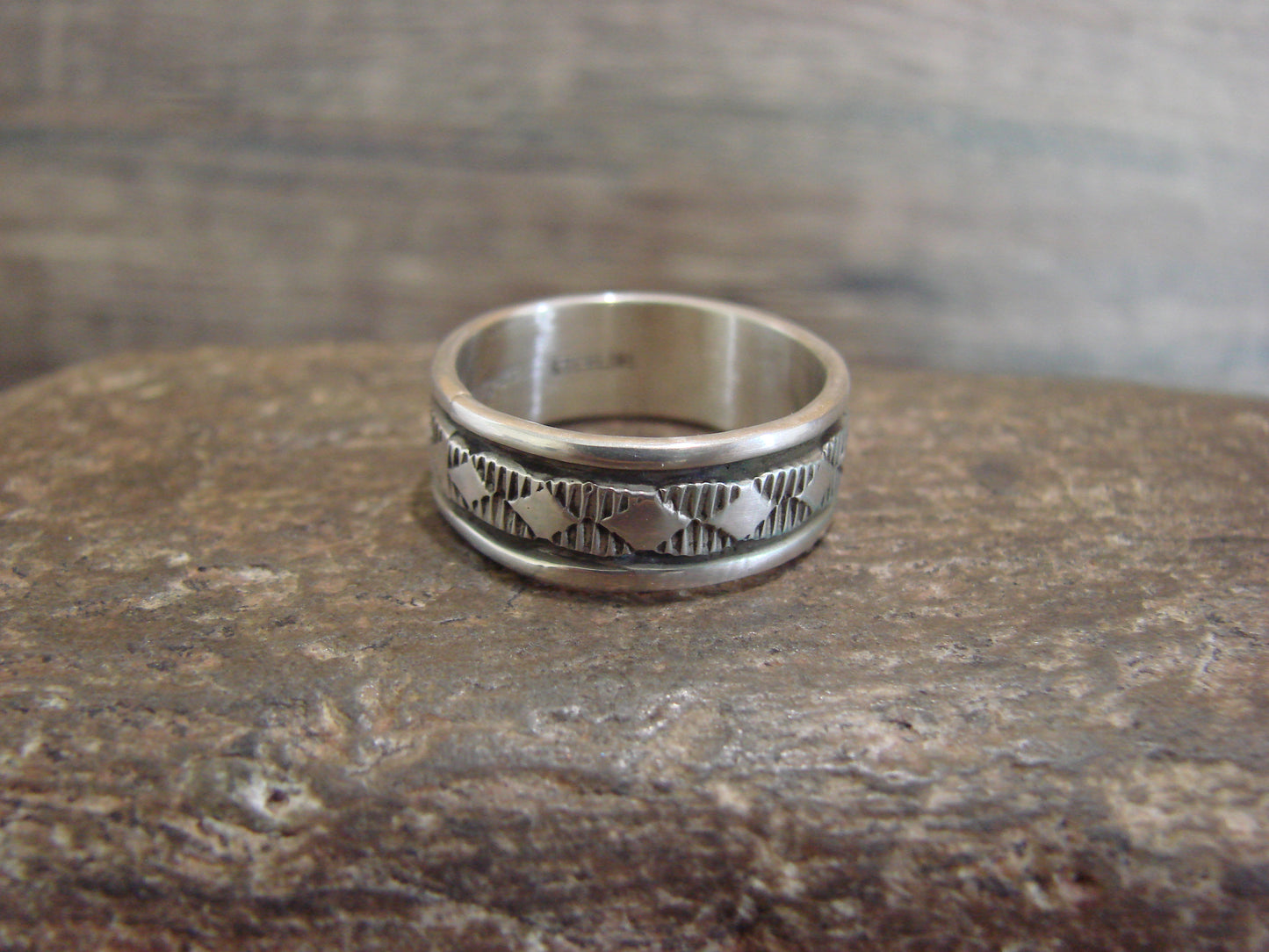 Navajo Hand Stamped Sterling Silver Ring Band - Bruce Morgan - Size 7.5